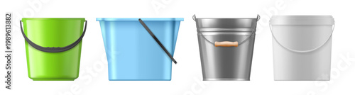 Buckets realistic set. Vector isolated plastic and metallic containers. Square and round, galvanized metal pail with ribbed body and acrylic paint vessel. Household and garden equipment