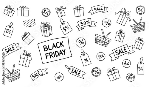 Scattered Black Friday Sale Doodle Elements with Shopping Icons Gift Boxes and Discount Tags Vector Illustration Set