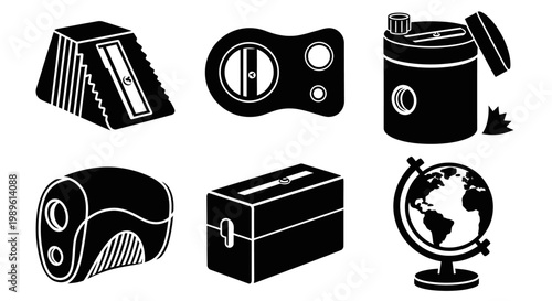 Collection of School and Office Supplies: Pencil Sharpeners, Globe, and Storage Box