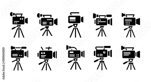 Collection of Vintage Camcorder Icons on Tripods, Retro Video Camera Symbols Set