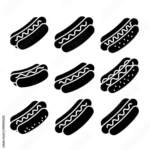 Pattern of Nine Black and White Hot Dogs in Buns on White Background