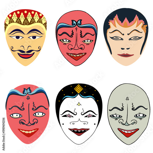 Set of Traditional Indonesian Wayang Topeng Masks
