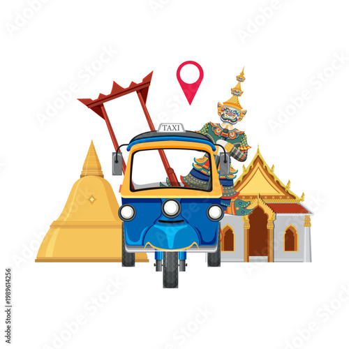 Thailand Travel and Tourism Concept with Tuk Tuk, Giant Guardian and Temple