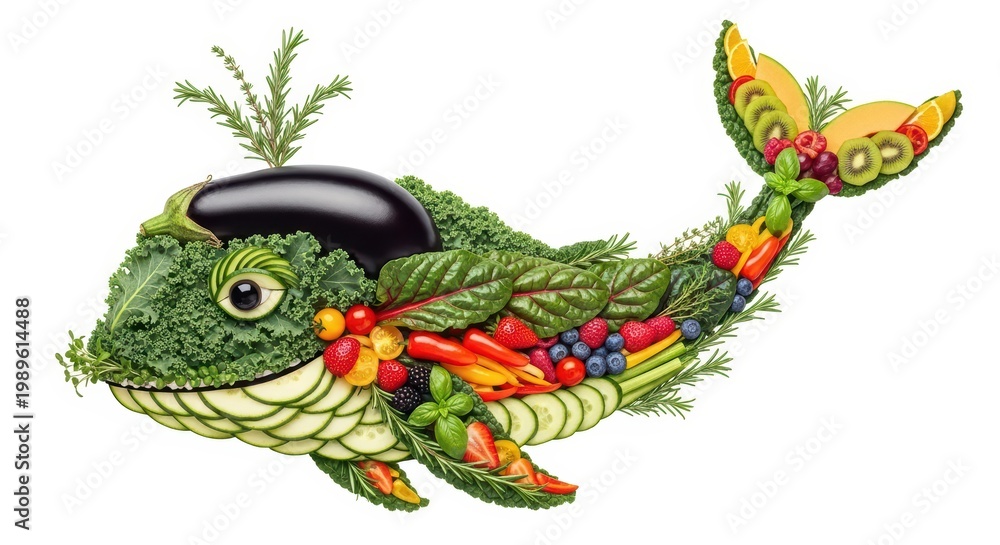 Fototapeta premium Creative whale made of fresh vegetables and fruits