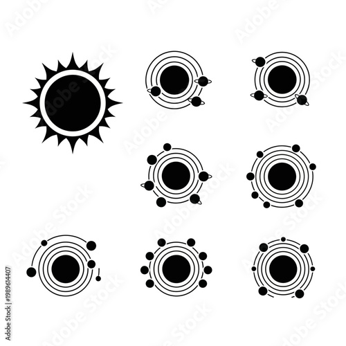 Solar System Icons: Sun and Planets Orbiting Celestial Bodies