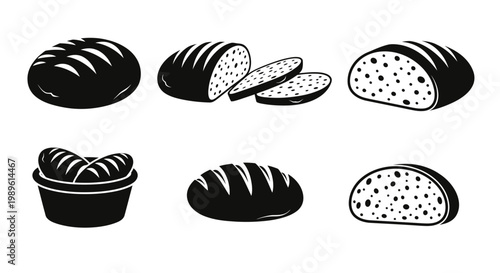 Assortment of Freshly Baked Bread Loaves and Slices, Black and White Icon Set
