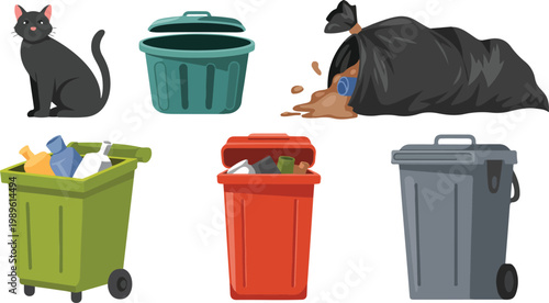 Set of waste management vector illustrations featuring trash bins garbage cans recycling containers black cat and plastic bags for environmental sanitation and urban pollution concepts.