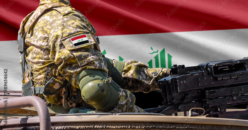Naklejka premium Iraq flag with soldier at machinegun turret