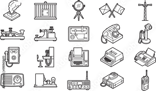 Set of Vintage Communication Icons, A visually rich collection of antique communication devices.