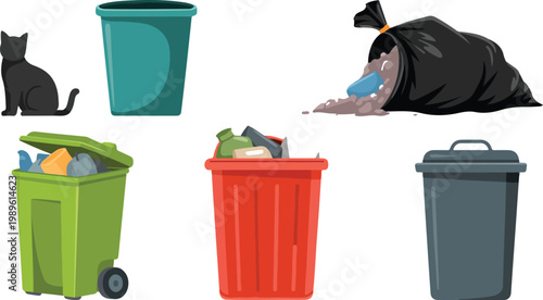 Set of waste management vector illustrations featuring trash bins garbage cans recycling containers black cat and plastic bags for environmental sanitation and urban pollution concepts.