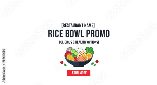 Minimalist Rice Bowl Promotion Banner Template with Flat Graphic Illustration of a Healthy Poke Bowl and Customizable Call to Action Text