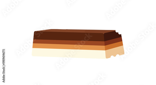 Minimalist illustration of a layered chocolate bar with dark, milk, and white chocolate plus caramel, featuring a bite mark, isolated on a white background.