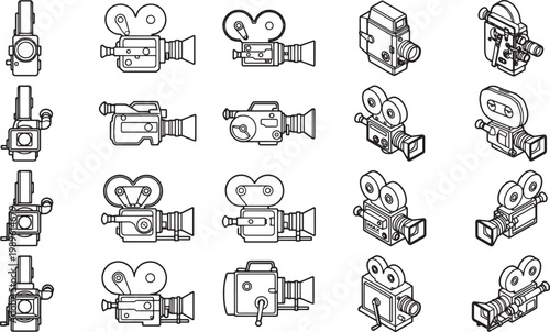 A collection of vintage movie cameras captured in various angles, in a series of line art.