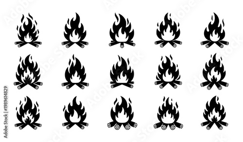 Campfire Icon Set Featuring Burning Fire Flames, Outdoor Bonfire Symbols and Camping Heat Elements for Adventure, Survival and Nature Design Projects