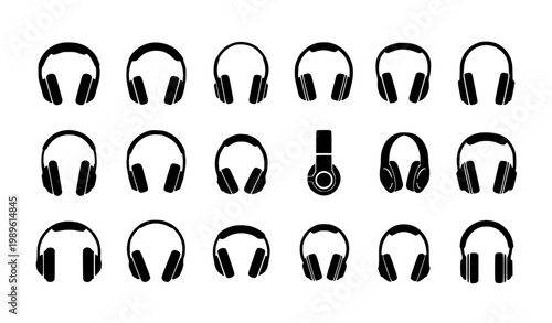 Headphones Icon Set Featuring Audio Headsets, Music Listening Devices and Sound Equipment Symbols for Multimedia, Entertainment and Technology Design Projects
