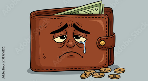 Sad wallet with money and coins.