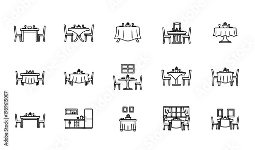Restaurant Table Setting Icon Set Featuring Dining Tables, Chairs, Cafe Interiors and Meal Arrangement Symbols for Hospitality and Food Service Design Projects