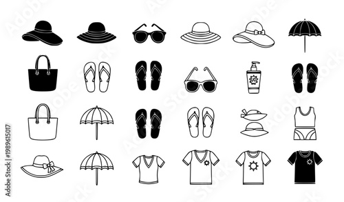 Summer Fashion and Beach Accessories Icon Set Featuring Hats, Sunglasses, Flip Flops, Bags, Umbrella and Clothing Symbols for Vacation Style Design