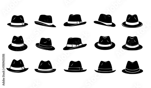 Fedora Hat Icon Set Featuring Classic Vintage Headwear, Stylish Fashion Hats and Retro Gentleman Accessories for Clothing, Outfit and Apparel Design Projects
