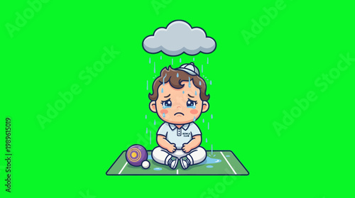 Sad Baby Sitting Under a Rain Cloud with Tears and Crying.