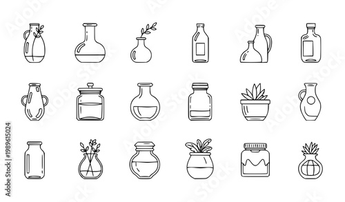 Glass Bottles and Jar Icon Set Featuring Decorative Vases, Storage Containers, Cosmetic Bottles and Kitchen Jars for Packaging and Home Decor Design