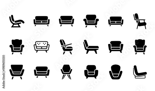Furniture Seating Icon Set Featuring Sofa, Armchair, Lounge Chair and Modern Living Room Seating Symbols for Interior Design and Home Decor Projects