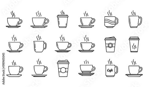 Coffee Cup Icon Set Featuring Hot Beverage Mugs, Espresso Cups, Takeaway Coffee and Cafe Drink Symbols for Restaurant Menu and Morning Design