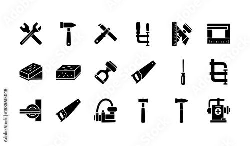 Carpentry and Construction Tools Icon Set Featuring Hammer, Saw, Clamp, Drill, Screwdriver and Woodworking Equipment for Industrial and DIY Projects