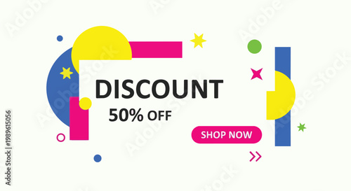 Colorful Discount Sale Banner with Geometric Memphis Style Shapes, 50 Percent Off Promotion Template for Online Shopping and Retail Marketing Campaign