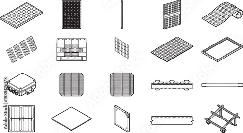 Innovative isometric illustrations of solar panels, promoting renewable energy and eco-conscious design, in monochrome shades.