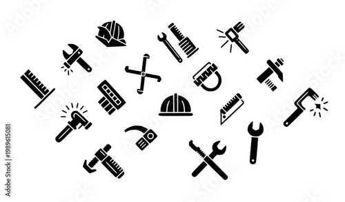 Construction and Repair Tools Icon Set Featuring Hammer, Wrench, Helmet, Drill, Screwdriver and Industrial Equipment Symbols for Engineering and Maintenance Design