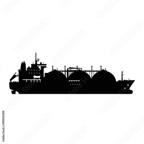 Silhouette of LNG carrier ship with spherical tanks for gas transport.