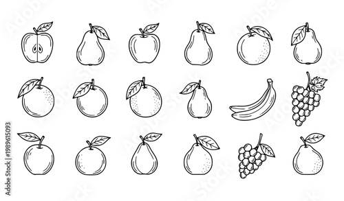 Fruit Icon Set Featuring Apple, Pear, Orange, Banana, Grapes and Fresh Natural Food Symbols for Healthy Diet and Organic Nutrition Design