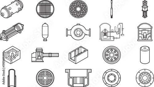 A collection of precisely crafted line art illustrations showcasing an array of industrial machinery and components. Every item drawn with meticulous detail.