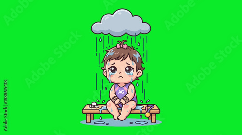 Sad Cartoon Baby Sitting in the Rain Under a Cloud, Feeling Blue.