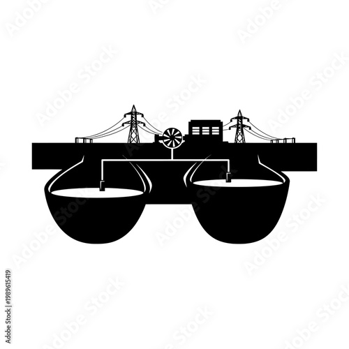 Silhouette of Water Treatment Plant with Reservoirs and Power Lines.