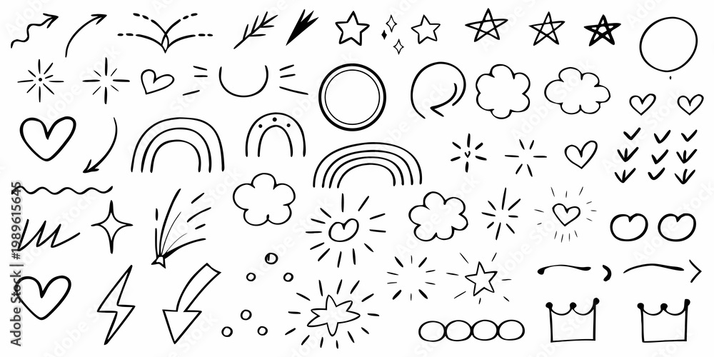 Fototapeta premium Collection of hand drawn doodle elements including stars hearts and arrows