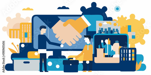 A digital handshake signifies a business deal and successful collaboration