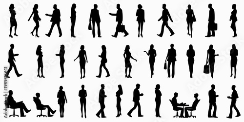 Collection of diverse black silhouettes depicting people in motion and repose