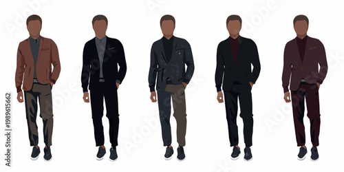 Five faceless men showcasing different styles of menswear and jackets