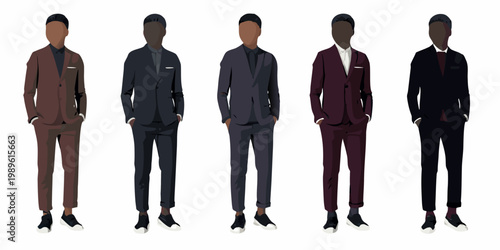 Five faceless men showcase diverse formal attire and modern suit styles