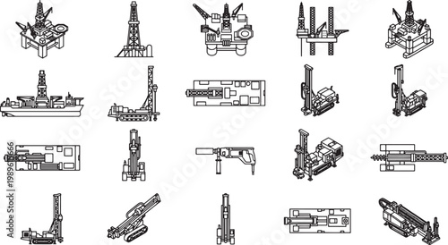 Industrial structures collection set on offshore platform and oil rig. A variety of oil rig are displayed in a visually dynamic manner.