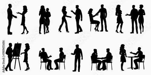 Silhouettes of people interacting in various professional and casual settings