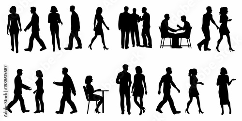 Silhouettes of people interacting in various business and casual settings