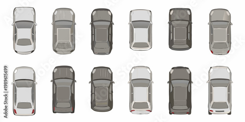 Overhead view of twelve modern cars in varying shades of gray
