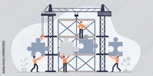 Construction workers building a structure with puzzle pieces and a crane