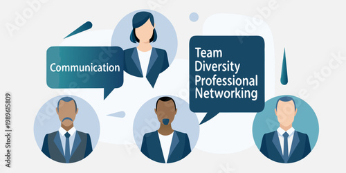 Diverse team members communicating and networking in a professional setting
