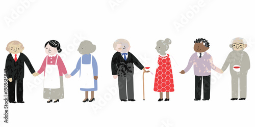 A diverse group of elderly people holding hands in a line
