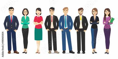 Diverse group of business professionals standing in a row smiling