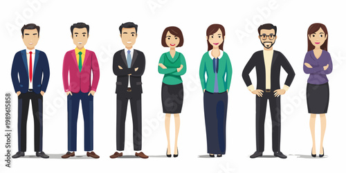 A diverse group of eight business professionals standing in a row